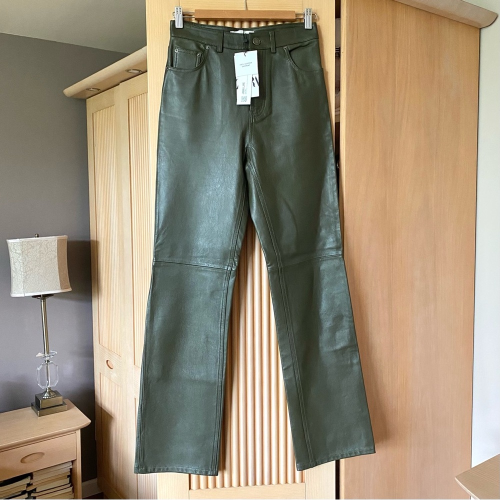 Zara limited edition leather straight leg pants olive green - Picture 8 of 16